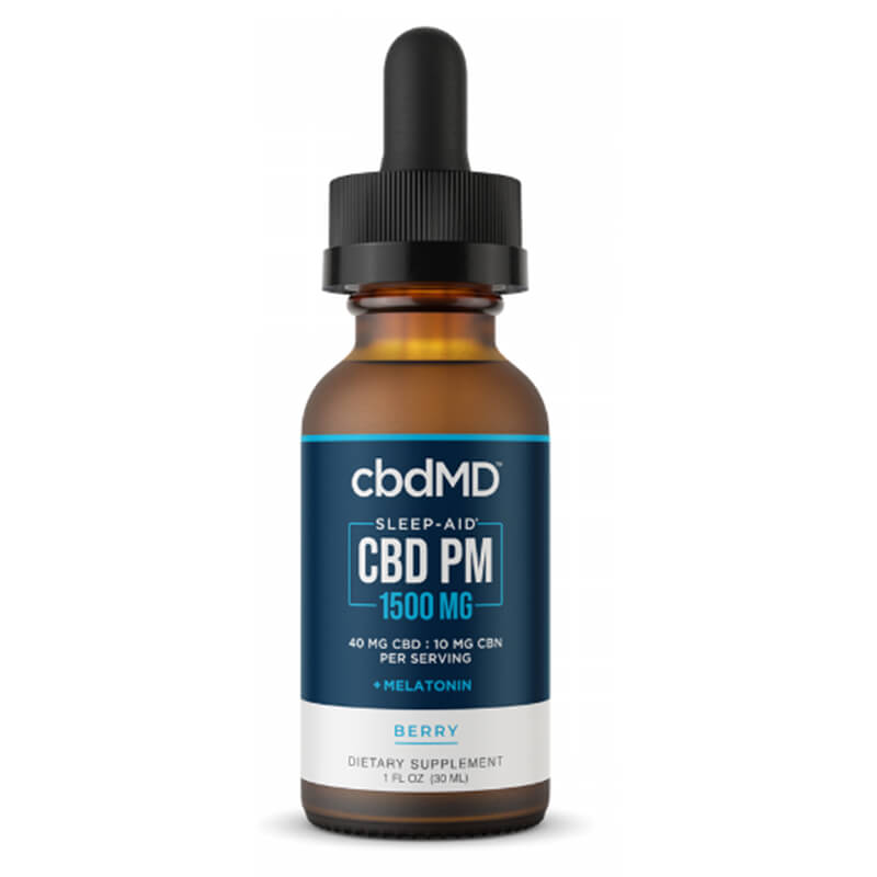 cbdMD - CBD Tincture - Broad Spectrum PM + Melatonin for Sleep - Berry -  500mg-1500mg